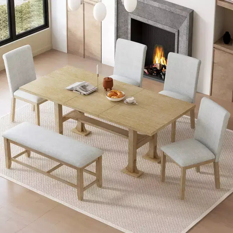 Set Tavolo da Pranzo per 6 Persone Marrone Scuro / Naturale con Panca e 4 Sedie
