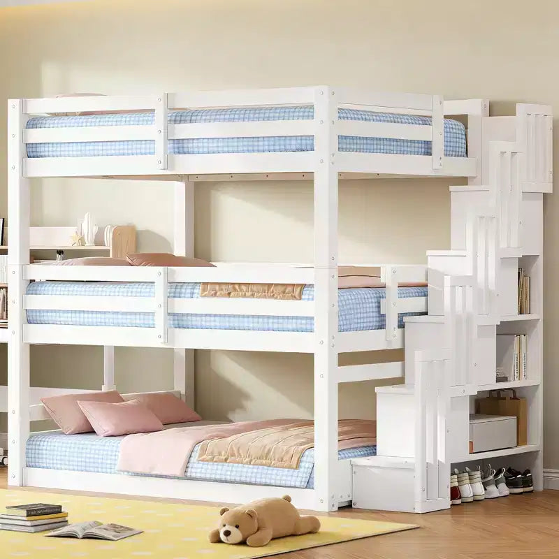 Letto a castello triplo a una piazza e mezza con scaletta contenitore, grigio/bianco, 3 posti letto