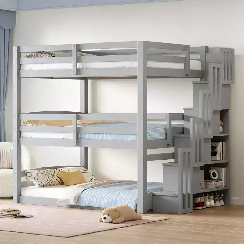 Letto a castello triplo a una piazza e mezza con scaletta contenitore, grigio/bianco, 3 posti letto