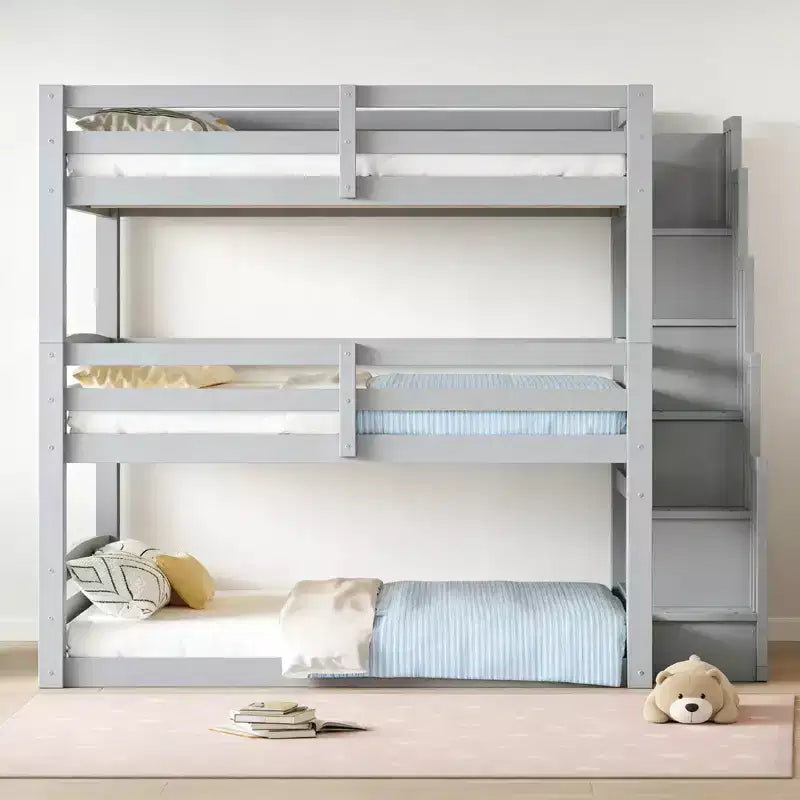 Luxystar Full Size Wooden Triple Bunk Bed with Storage Staircase