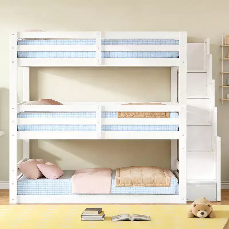 Letto a castello triplo a una piazza e mezza con scaletta contenitore, grigio/bianco, 3 posti letto