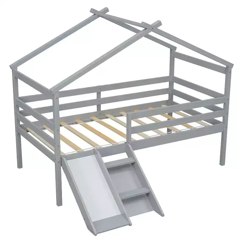 Letto a soppalco singolo grigio con scivolo e scaletta, con struttura a casetta, 1 bambino