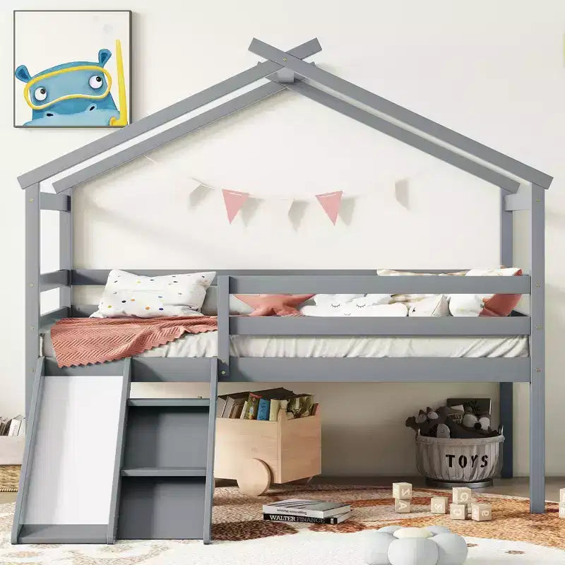 Letto a soppalco singolo grigio con scivolo e scaletta, con struttura a casetta, 1 bambino