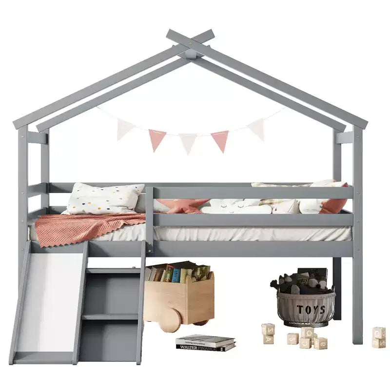 Letto a soppalco singolo grigio con scivolo e scaletta, con struttura a casetta, 1 bambino