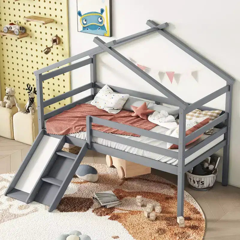 Letto a soppalco singolo grigio con scivolo e scaletta, con struttura a casetta, 1 bambino