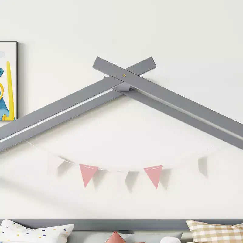 Letto a soppalco singolo grigio con scivolo e scaletta, con struttura a casetta, 1 bambino