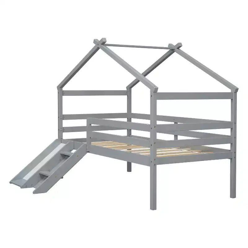 Letto a soppalco singolo grigio con scivolo e scaletta, con struttura a casetta, 1 bambino