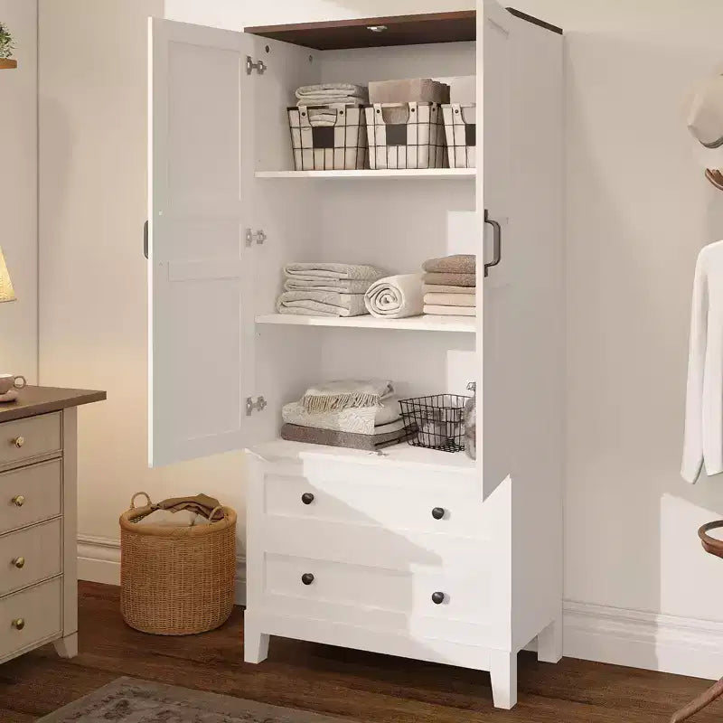 65 Tall Storage Cabinet with 2 DIY Adjustable Shelves, Farmhouse Wooden Pantry w/ 2 Doors & 2 Drawers, Freestanding Bookcases for Dining Room