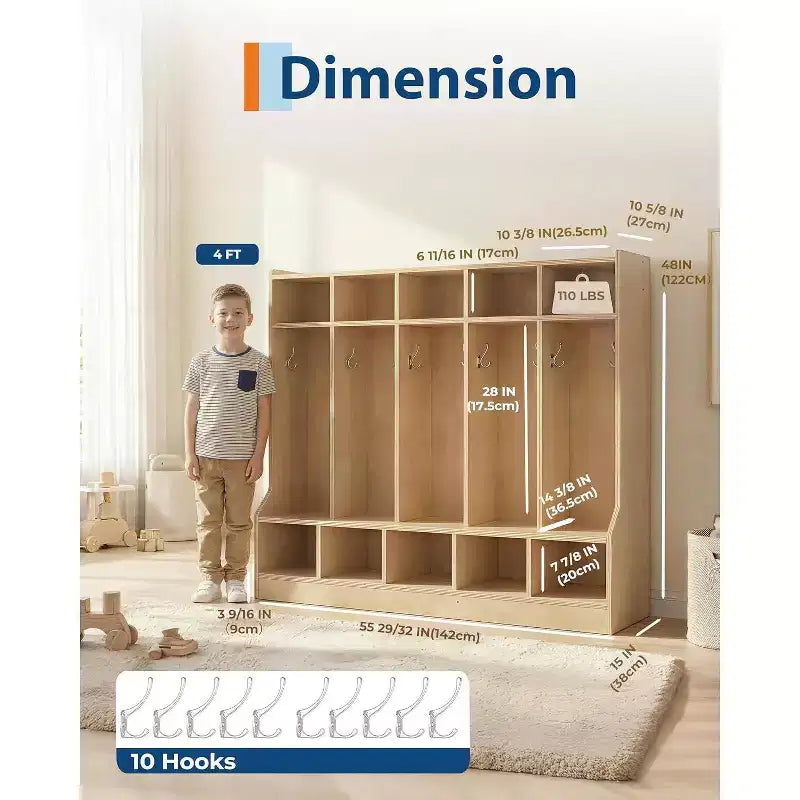 Ripiano a cubo a 5 scomparti in legno naturale con panca, ganci e ruote – 1-2 Utenti