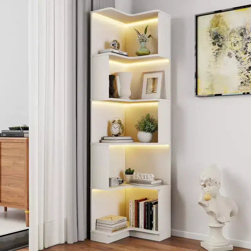 Scaffale angolare a 5 ripiani a L bianco con luci a LED, per 1 persona