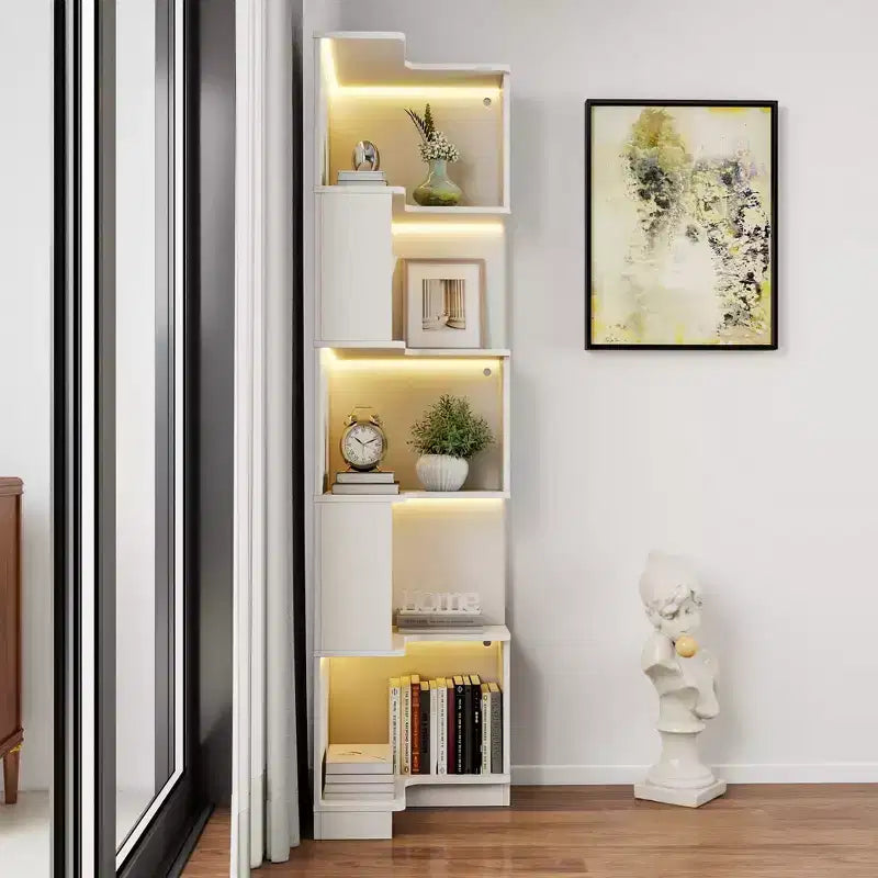 Scaffale angolare a 5 ripiani a L bianco con luci a LED, per 1 persona