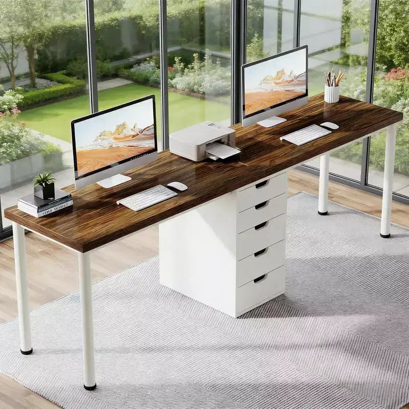 Two Person Desk, Long Computer Desk with 5 Drawers