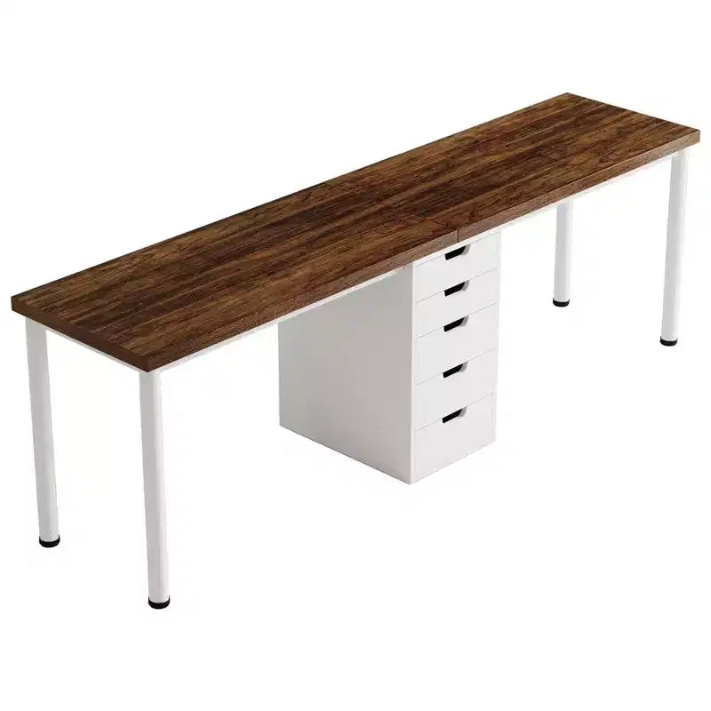Scrivania per computer in legno naturale a 2 posti con 5 cassetti