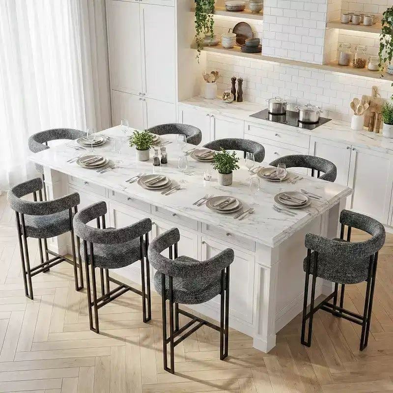 Sgabelli da Bar a Contro Altezza in Tessuto Beige / Nero / Marrone / Avena con Schienale e Braccioli Curvi, Set da 8
