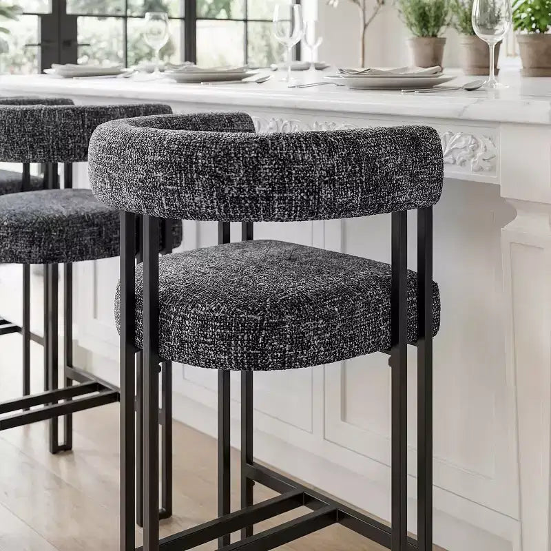 Sgabelli da Bar a Contro Altezza in Tessuto Beige / Nero / Marrone / Avena con Schienale e Braccioli Curvi, Set da 8