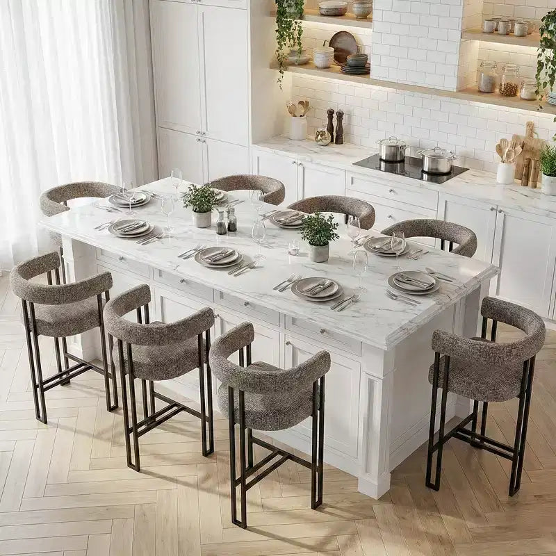 Sgabelli da Bar a Contro Altezza in Tessuto Beige / Nero / Marrone / Avena con Schienale e Braccioli Curvi, Set da 8