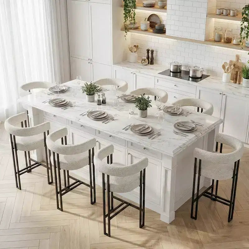 Sgabelli da Bar a Contro Altezza in Tessuto Beige / Nero / Marrone / Avena con Schienale e Braccioli Curvi, Set da 8