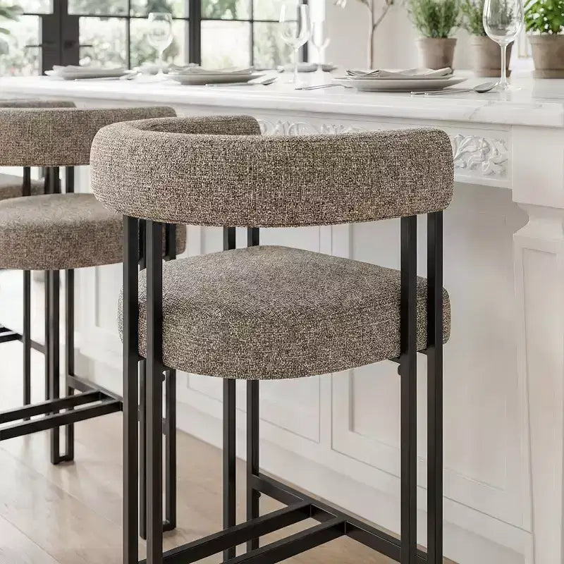 Sgabelli da Bar a Contro Altezza in Tessuto Beige / Nero / Marrone / Avena con Schienale e Braccioli Curvi, Set da 8