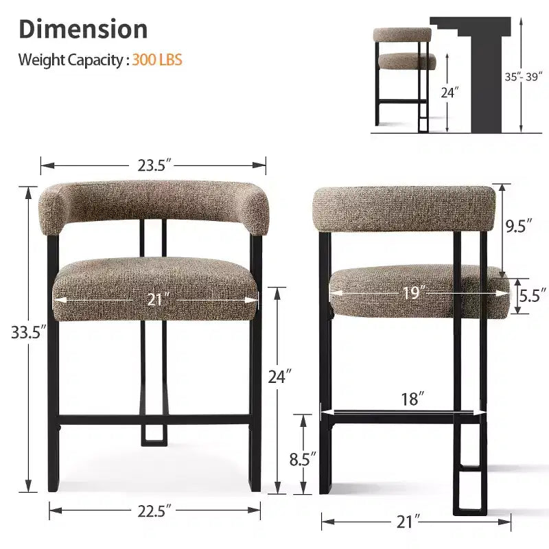 Sgabelli da Bar a Contro Altezza in Tessuto Beige / Nero / Marrone / Avena con Schienale e Braccioli Curvi, Set da 8