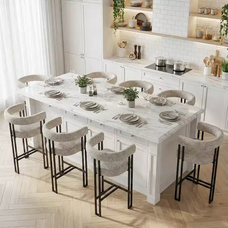 Sgabelli da Bar a Contro Altezza in Tessuto Beige / Nero / Marrone / Avena con Schienale e Braccioli Curvi, Set da 8
