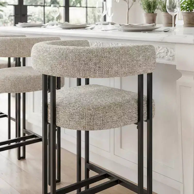 Sgabelli da Bar a Contro Altezza in Tessuto Beige / Nero / Marrone / Avena con Schienale e Braccioli Curvi, Set da 8