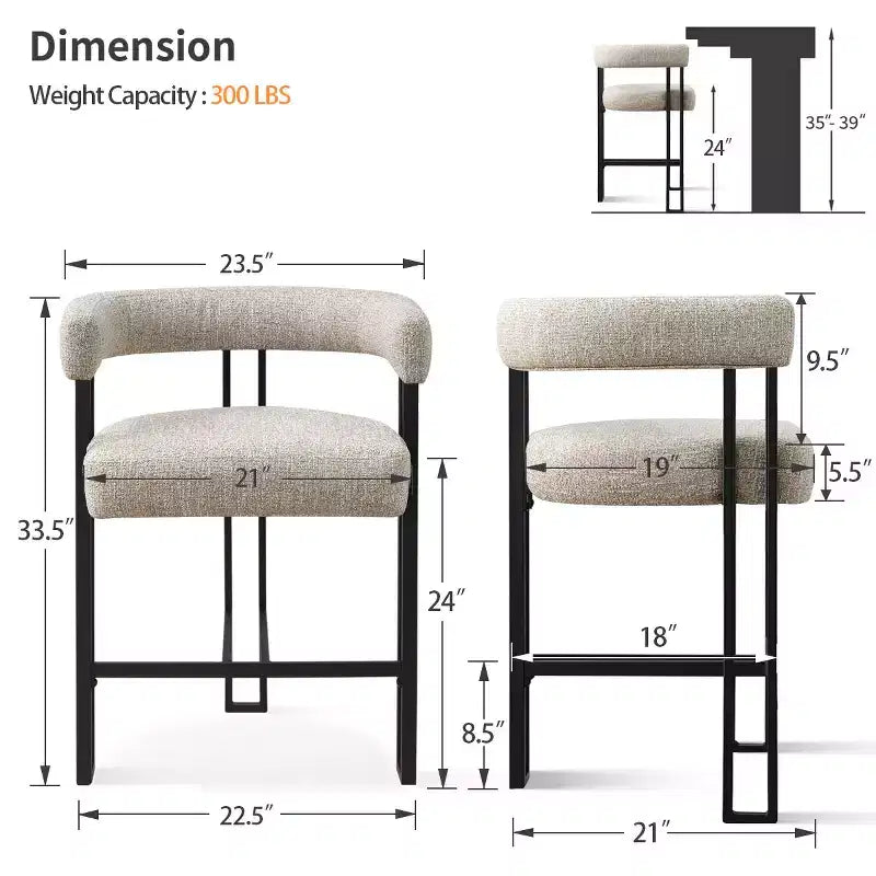 Sgabelli da Bar a Contro Altezza in Tessuto Beige / Nero / Marrone / Avena con Schienale e Braccioli Curvi, Set da 8