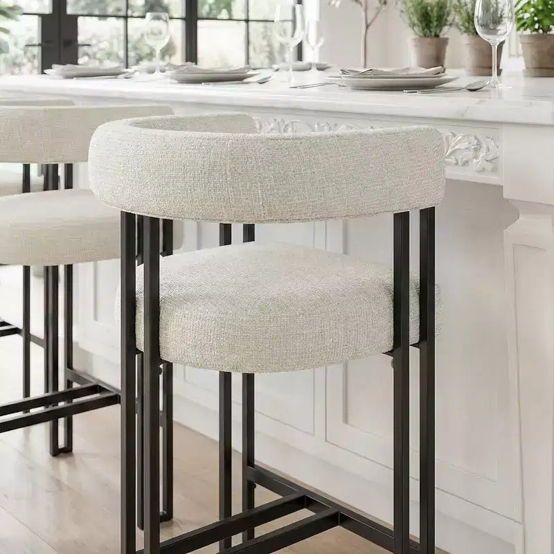 Sgabelli da Bar a Contro Altezza in Tessuto Beige / Nero / Marrone / Avena con Schienale e Braccioli Curvi, Set da 8