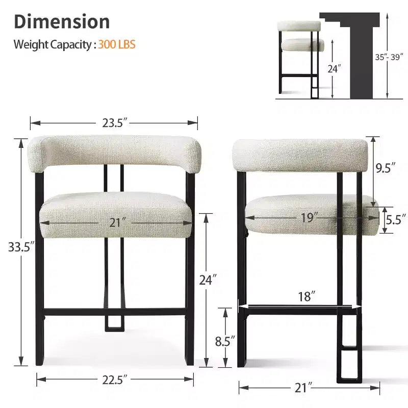 Sgabelli da Bar a Contro Altezza in Tessuto Beige / Nero / Marrone / Avena con Schienale e Braccioli Curvi, Set da 8