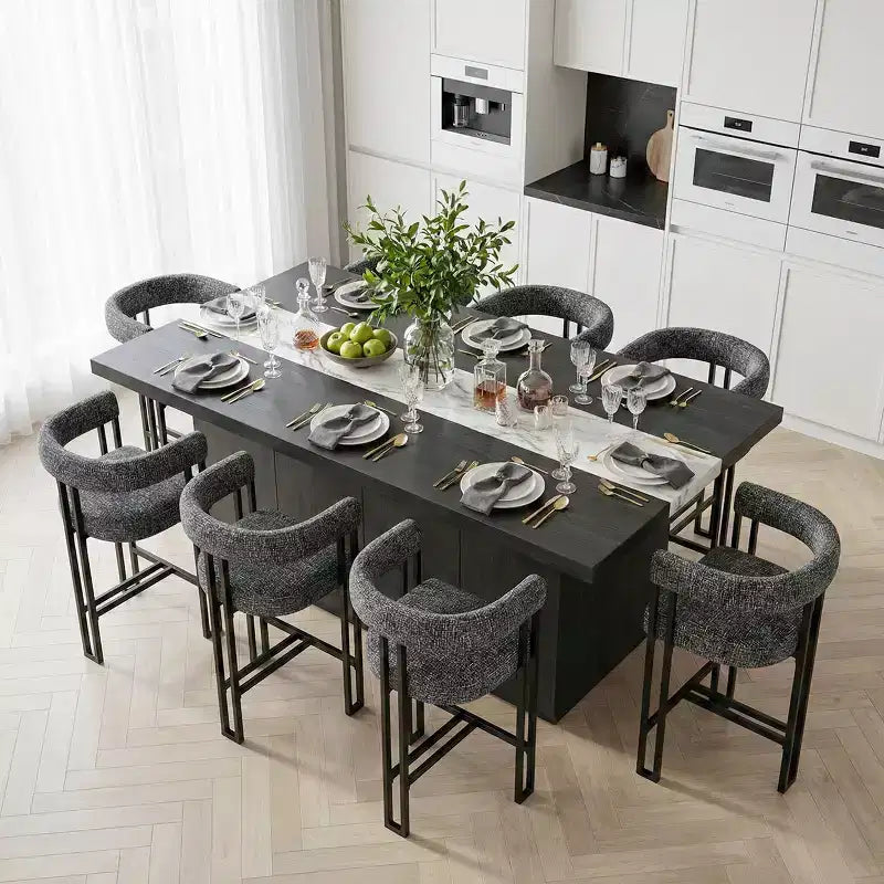 Sgabelli da Bar a Contro Altezza in Tessuto Beige / Nero / Marrone / Avena con Schienale e Braccioli Curvi, Set da 8