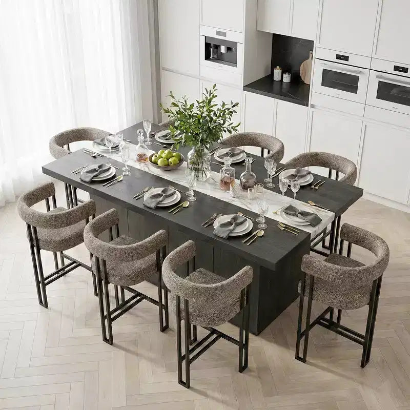 Sgabelli da Bar a Contro Altezza in Tessuto Beige / Nero / Marrone / Avena con Schienale e Braccioli Curvi, Set da 8