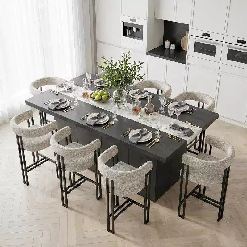 Sgabelli da Bar a Contro Altezza in Tessuto Beige / Nero / Marrone / Avena con Schienale e Braccioli Curvi, Set da 8