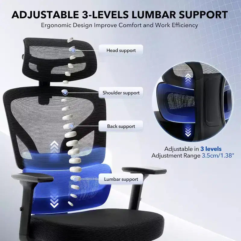 Sedia da Ufficio e Gaming Nera con Schienale Alto in Rete, Singola, con Braccioli 3D e Supporto Lombare