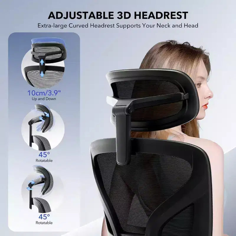 Sedia da Ufficio e Gaming Nera con Schienale Alto in Rete, Singola, con Braccioli 3D e Supporto Lombare