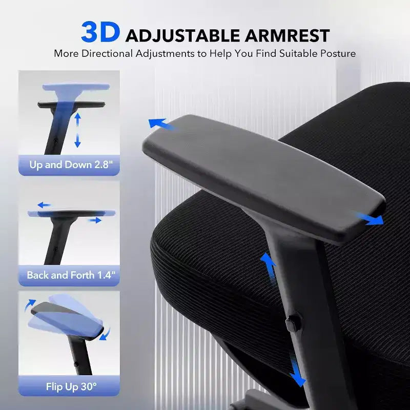 Sedia da Ufficio e Gaming Nera con Schienale Alto in Rete, Singola, con Braccioli 3D e Supporto Lombare