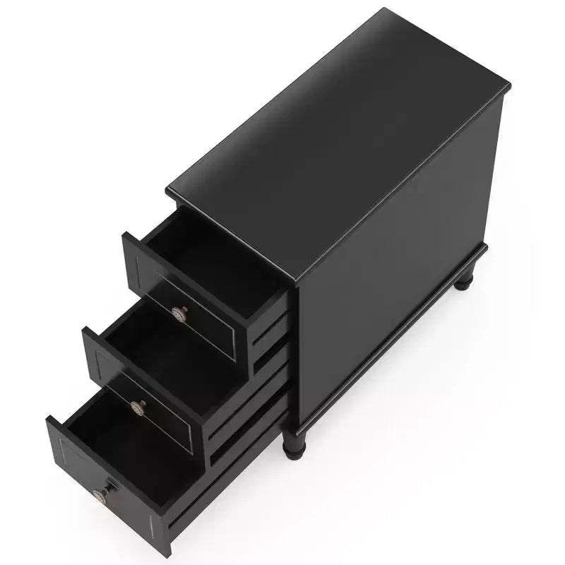 Comodino a 3 cassetti nero/marrone/naturale, tavolino stretto, singolo