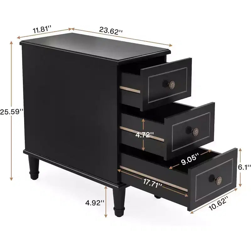 Comodino a 3 cassetti nero/marrone/naturale, tavolino stretto, singolo