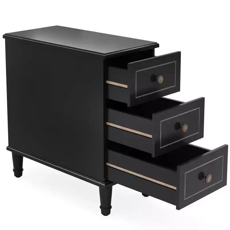 Comodino a 3 cassetti nero/marrone/naturale, tavolino stretto, singolo