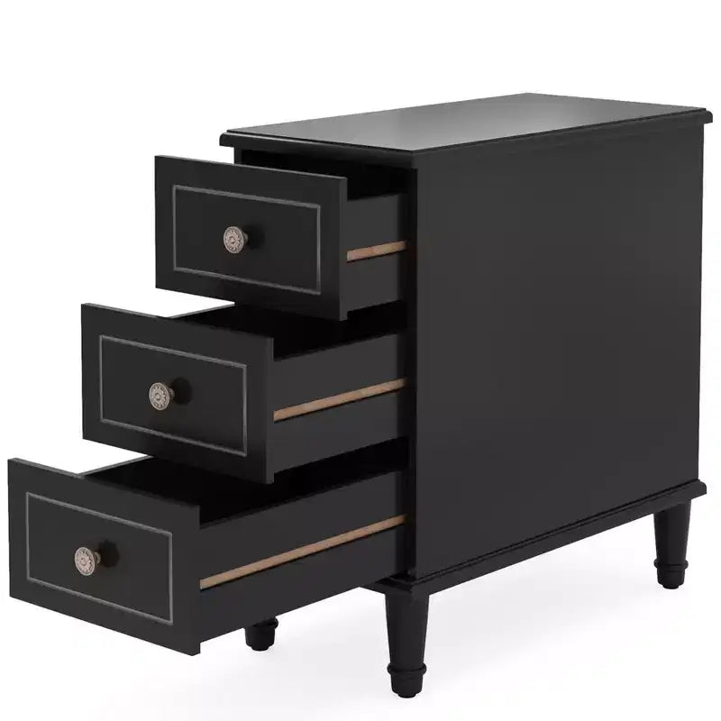 Comodino a 3 cassetti nero/marrone/naturale, tavolino stretto, singolo