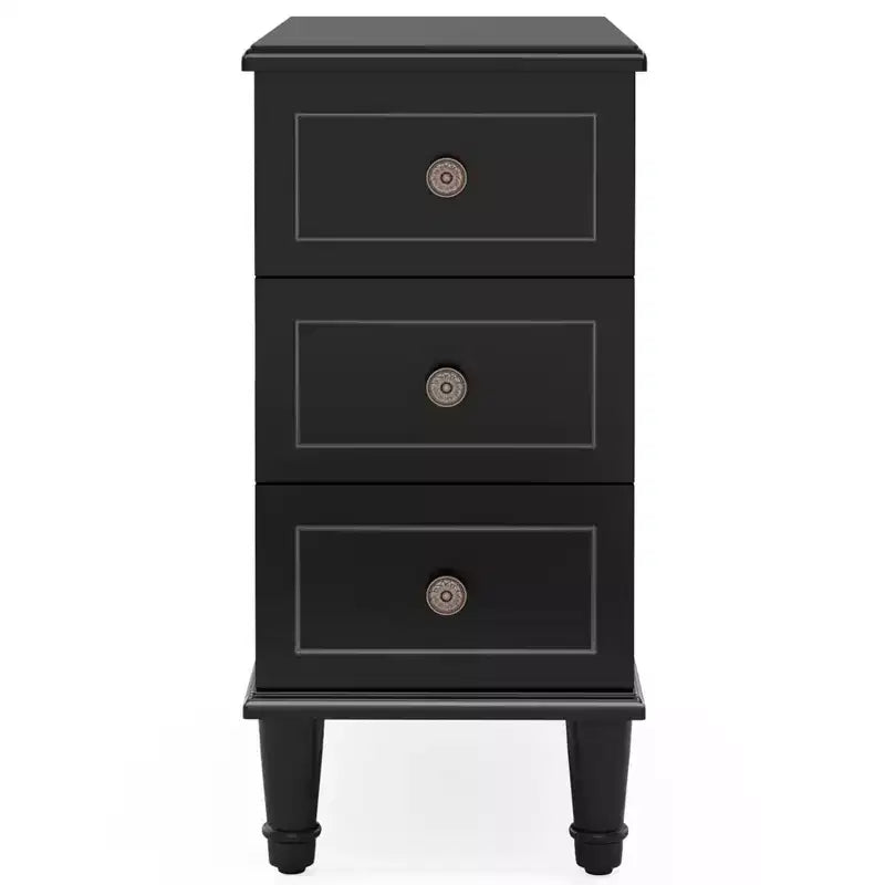 Comodino a 3 cassetti nero/marrone/naturale, tavolino stretto, singolo