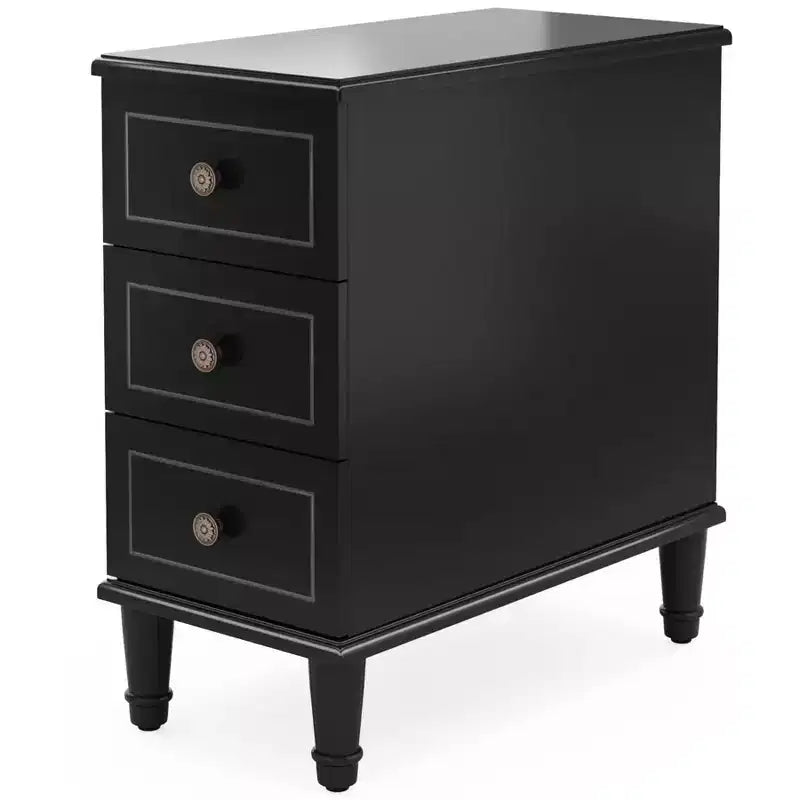 Comodino a 3 cassetti nero/marrone/naturale, tavolino stretto, singolo