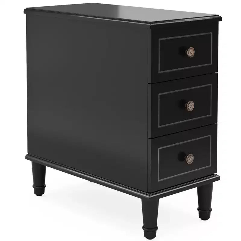 Comodino a 3 cassetti nero/marrone/naturale, tavolino stretto, singolo