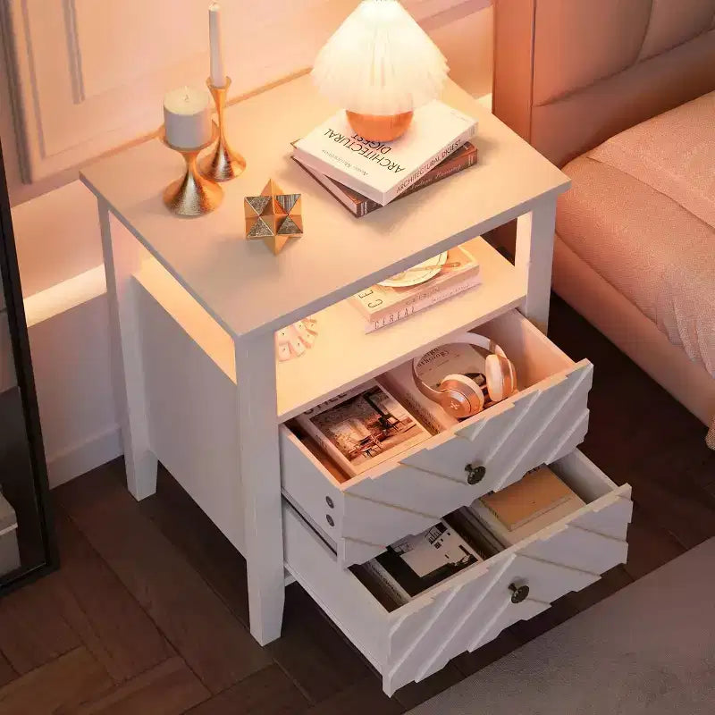 Comodino a LED Marrone/Bianco, Stile Rustico, 2 Cassetti, 1 Persona