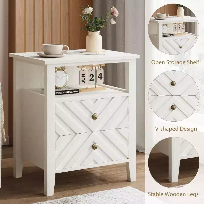 Comodino a LED Marrone/Bianco, Stile Rustico, 2 Cassetti, 1 Persona