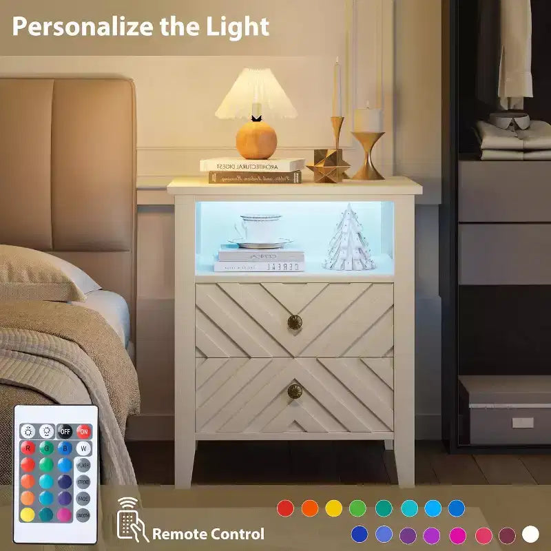 Comodino a LED Marrone/Bianco, Stile Rustico, 2 Cassetti, 1 Persona