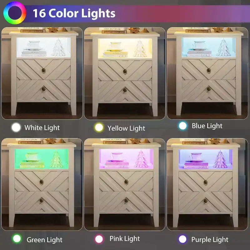 Comodino a LED Marrone/Bianco, Stile Rustico, 2 Cassetti, 1 Persona