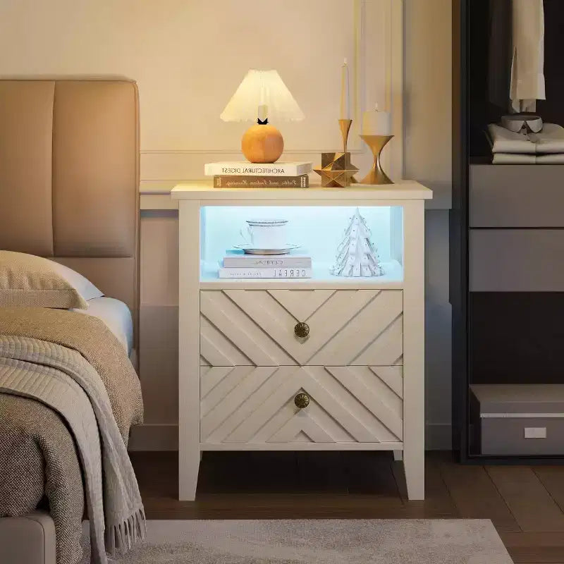 Comodino a LED Marrone/Bianco, Stile Rustico, 2 Cassetti, 1 Persona