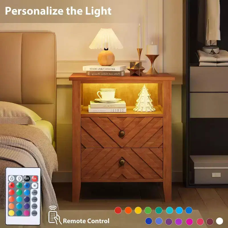 Comodino a LED Marrone/Bianco, Stile Rustico, 2 Cassetti, 1 Persona