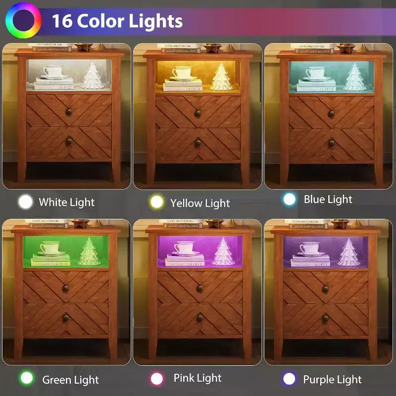 Comodino a LED Marrone/Bianco, Stile Rustico, 2 Cassetti, 1 Persona