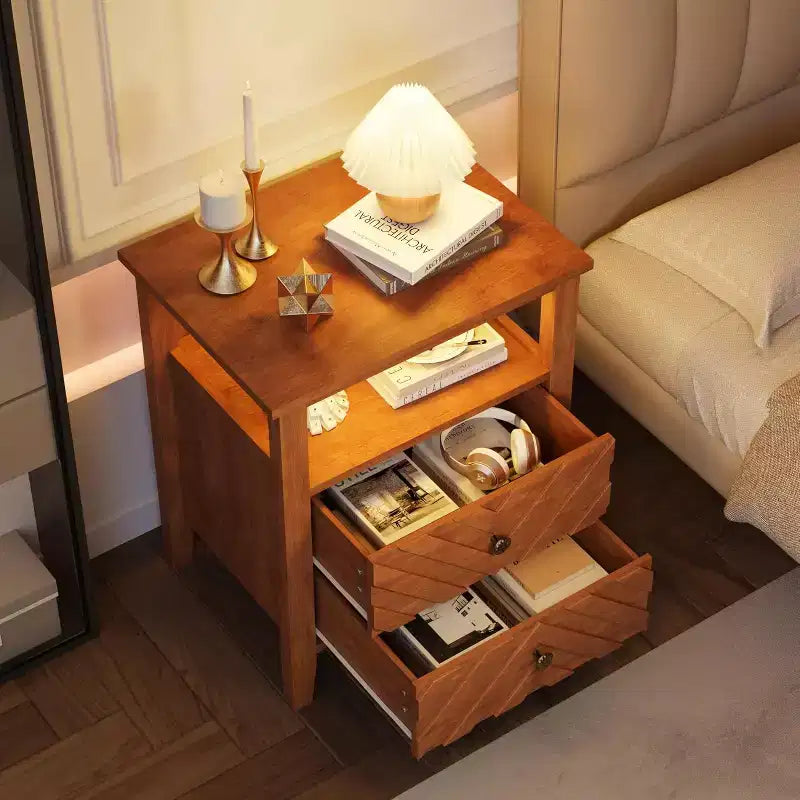 Comodino a LED Marrone/Bianco, Stile Rustico, 2 Cassetti, 1 Persona