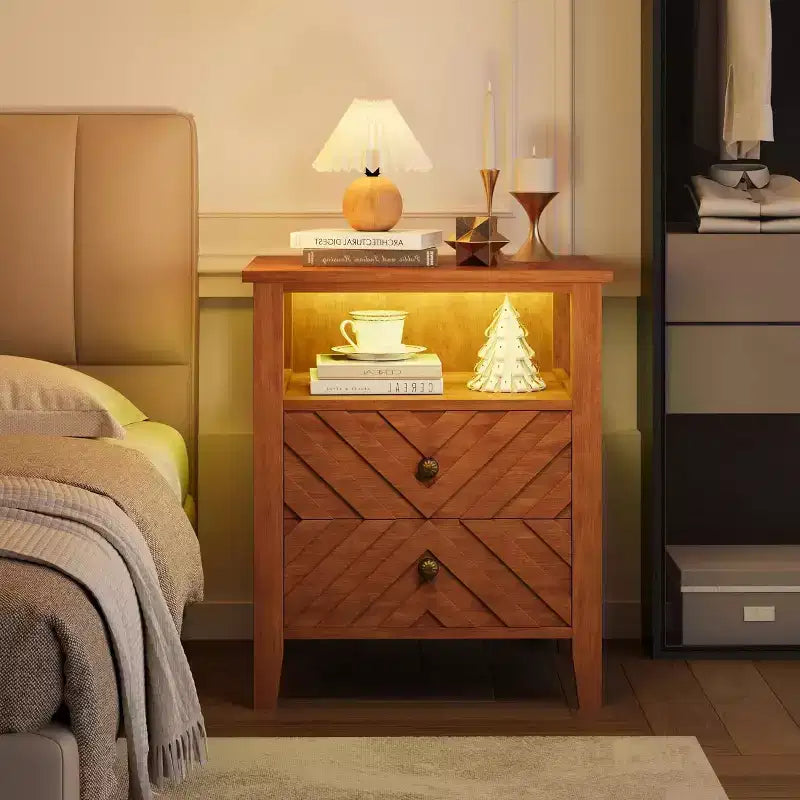 Comodino a LED Marrone/Bianco, Stile Rustico, 2 Cassetti, 1 Persona
